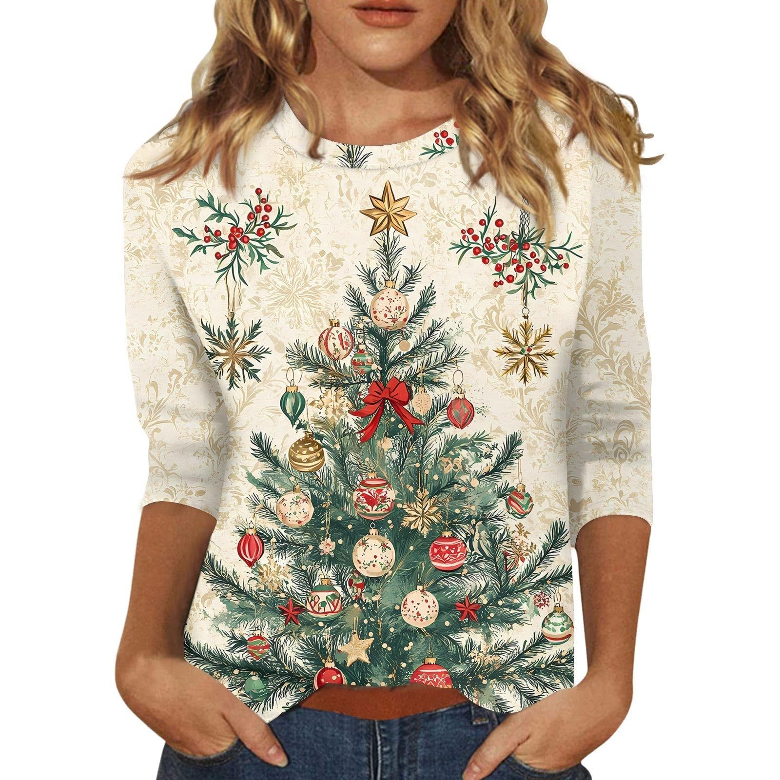 Christmas Round Neck 34 Sleeves T-shirt