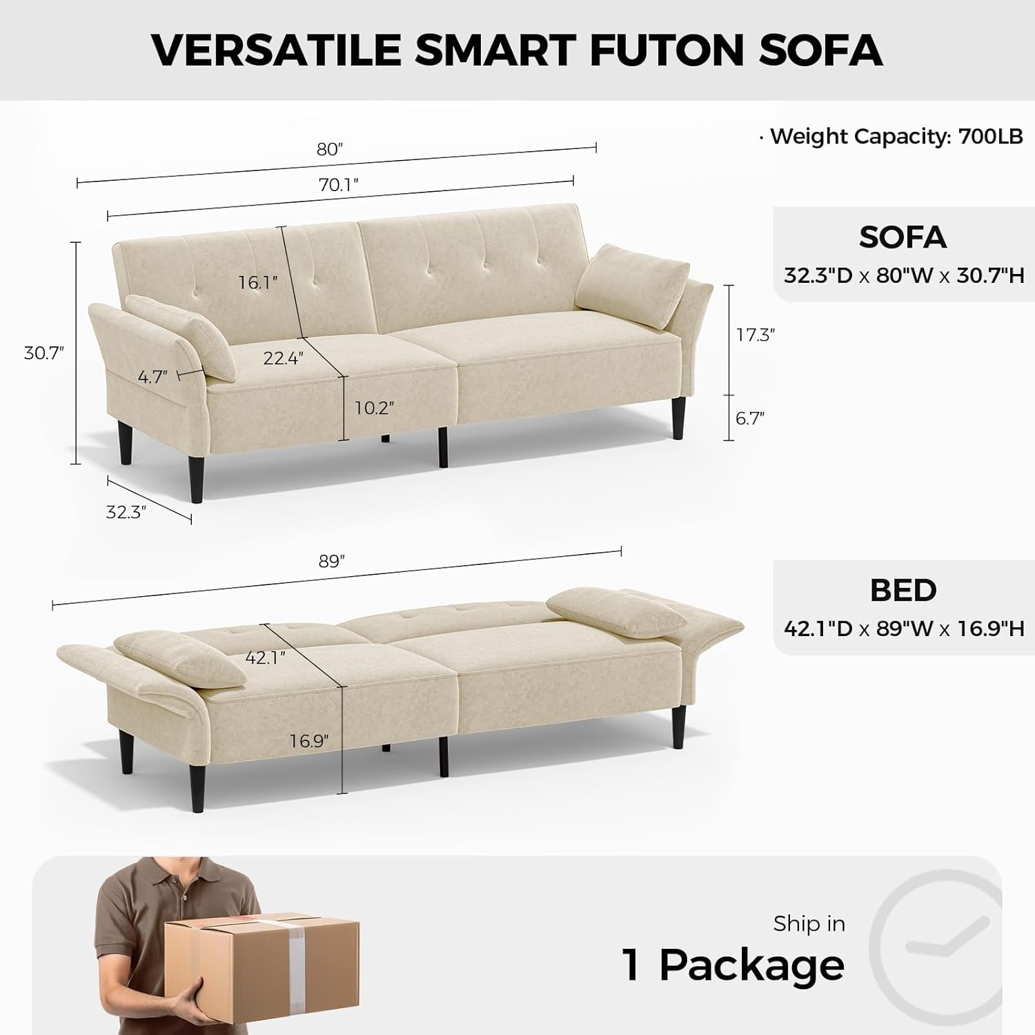 89” Futon Sofa Bed, Velvet Fabric Comfy Futon Couch Bed with 2 Square Pillows, Convertible Sleeper Sofa with Adjustable Backrest& Armrests, Modern Loveseat Sleeper for Living Room, Beige - Grand Goldman