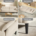 89” Futon Sofa Bed, Velvet Fabric Comfy Futon Couch Bed with 2 Square Pillows, Convertible Sleeper Sofa with Adjustable Backrest& Armrests, Modern Loveseat Sleeper for Living Room, Beige - Grand Goldman