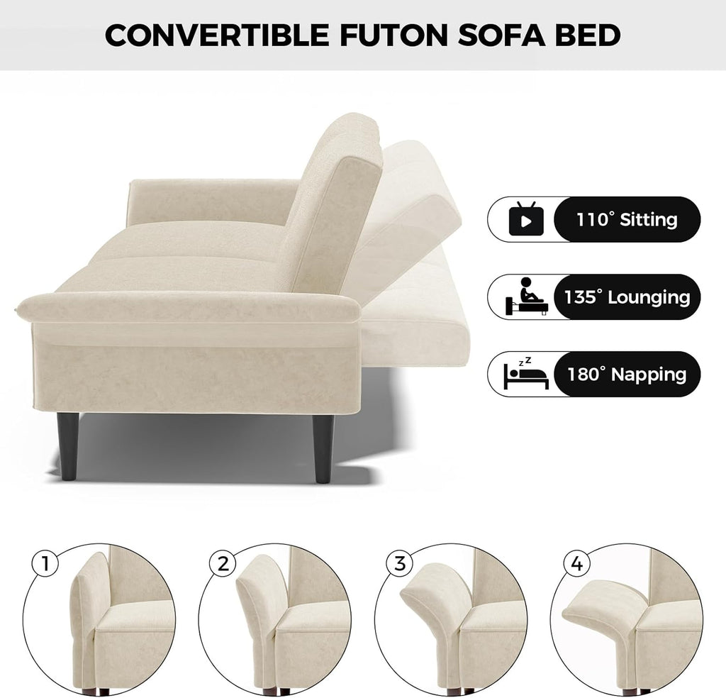 89” Futon Sofa Bed, Velvet Fabric Comfy Futon Couch Bed with 2 Square Pillows, Convertible Sleeper Sofa with Adjustable Backrest& Armrests, Modern Loveseat Sleeper for Living Room, Beige - Grand Goldman