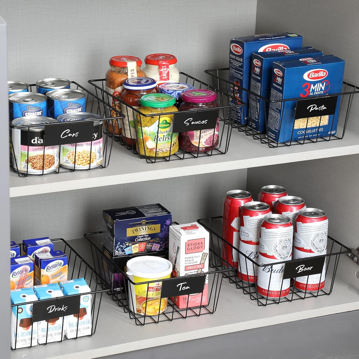 8 Pack Wire Storage Baskets for Organizing with Removable Tags, Pantry Organization Bins for Kitchen Cabinets, Closet - Metal Basket for Laundry, Garage, Refridge, Bathroom Countertop Organizer, Black - Grand Goldman