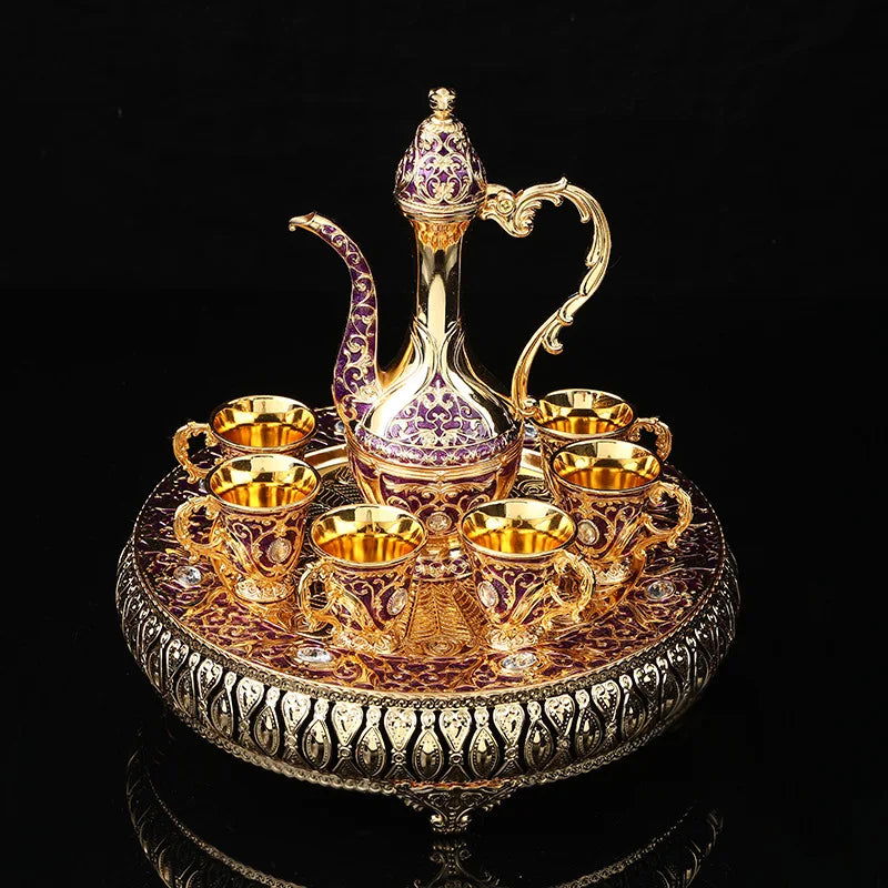 8 Pcs Exquisite Turkish & European-style antique wine set with 6 glasses carafe and tray perfect for weddings high-quality Turkish craftsmanship with intricate gold decorations and jewels ideal for elegant home decor and special celebrations - Grand Goldman
