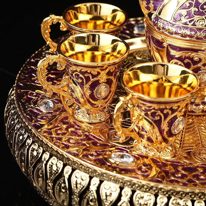 8 Pcs Exquisite Turkish & European-style antique wine set with 6 glasses carafe and tray perfect for weddings high-quality Turkish craftsmanship with intricate gold decorations and jewels ideal for elegant home decor and special celebrations - Grand Goldman
