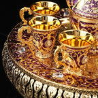 8 Pcs Exquisite Turkish & European-style antique wine set with 6 glasses carafe and tray perfect for weddings high-quality Turkish craftsmanship with intricate gold decorations and jewels ideal for elegant home decor and special celebrations - Grand Goldman