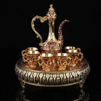 8 Pcs Exquisite Turkish & European-style antique wine set with 6 glasses carafe and tray perfect for weddings high-quality Turkish craftsmanship with intricate gold decorations and jewels ideal for elegant home decor and special celebrations - Grand Goldman