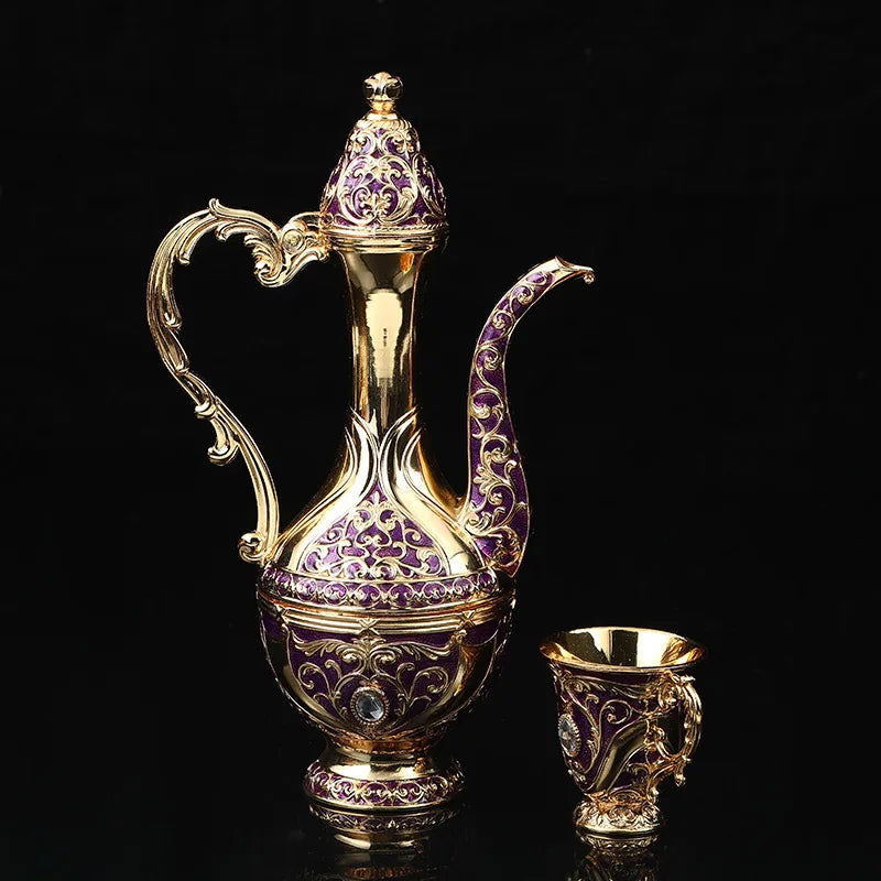 8 Pcs Exquisite Turkish & European-style antique wine set with 6 glasses carafe and tray perfect for weddings high-quality Turkish craftsmanship with intricate gold decorations and jewels ideal for elegant home decor and special celebrations - Grand Goldman