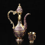 8 Pcs Exquisite Turkish & European-style antique wine set with 6 glasses carafe and tray perfect for weddings high-quality Turkish craftsmanship with intricate gold decorations and jewels ideal for elegant home decor and special celebrations - Grand Goldman