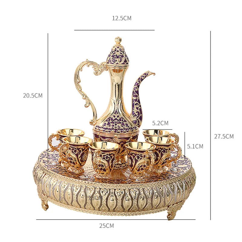 8 Pcs Exquisite Turkish & European-style antique wine set with 6 glasses carafe and tray perfect for weddings high-quality Turkish craftsmanship with intricate gold decorations and jewels ideal for elegant home decor and special celebrations - Grand Goldman