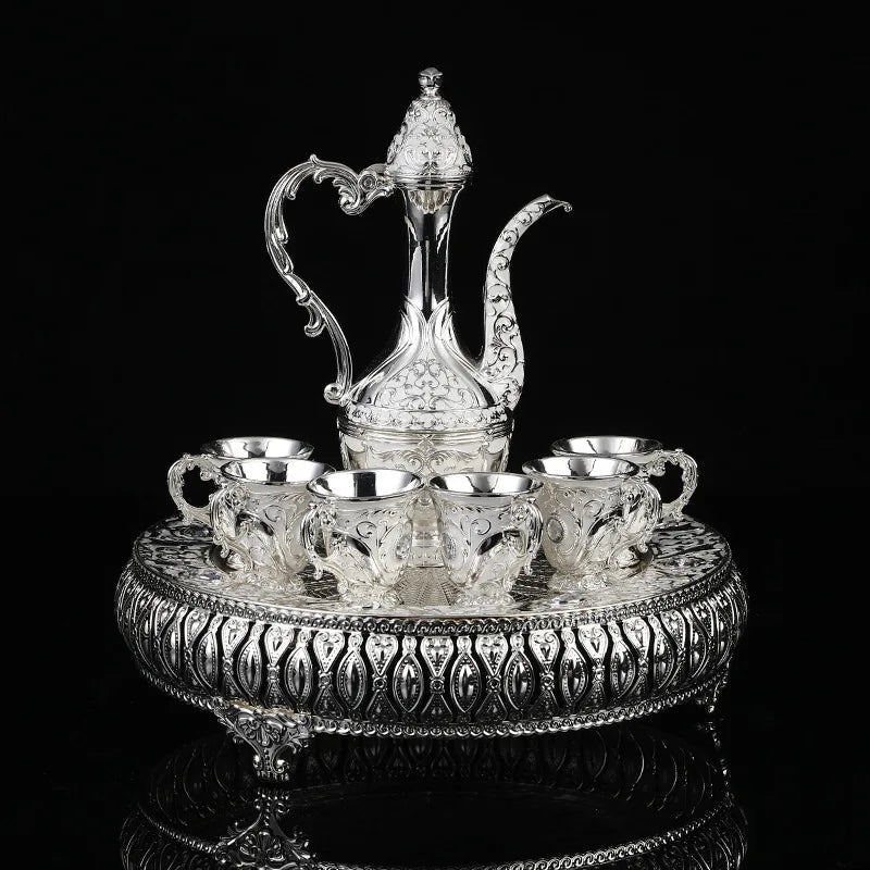 8 Pcs Exquisite Turkish & European-style antique wine set with 6 glasses carafe and tray perfect for weddings high-quality Turkish craftsmanship with intricate gold decorations and jewels ideal for elegant home decor and special celebrations - Grand Goldman