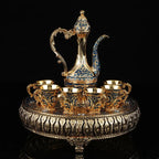8 Pcs Exquisite Turkish & European-style antique wine set with 6 glasses carafe and tray perfect for weddings high-quality Turkish craftsmanship with intricate gold decorations and jewels ideal for elegant home decor and special celebrations - Grand Goldman
