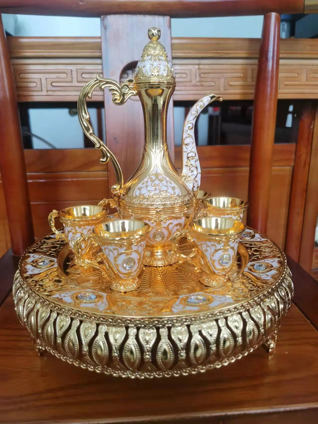 8 Pcs Exquisite Turkish & European-style antique wine set with 6 glasses carafe and tray perfect for weddings high-quality Turkish craftsmanship with intricate gold decorations and jewels ideal for elegant home decor and special celebrations - Grand Goldman