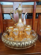 8 Pcs Exquisite Turkish & European-style antique wine set with 6 glasses carafe and tray perfect for weddings high-quality Turkish craftsmanship with intricate gold decorations and jewels ideal for elegant home decor and special celebrations - Grand Goldman