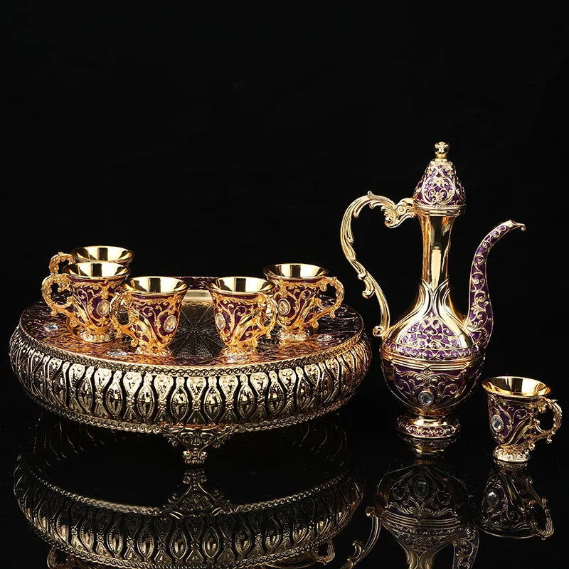 8 Pcs Exquisite Turkish & European-style antique wine set with 6 glasses carafe and tray perfect for weddings high-quality Turkish craftsmanship with intricate gold decorations and jewels ideal for elegant home decor and special celebrations - Grand Goldman