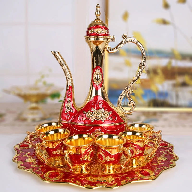 8 Pcs Turkish Zinc Alloy Tea Sets Gold & Blue Color Metal Wine Tea Set Drinkware High Quality Home Drinking Accessories Supplies - Grand Goldman