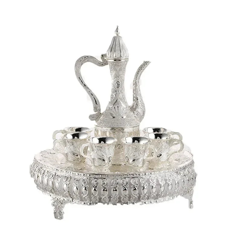 8 Piece Set Turkish Coffee Pot Set Teapot Tray and 6 Cups Household Tea Serving Set for Bedroom Holiday Dining Table Home Living Room - Grand Goldman