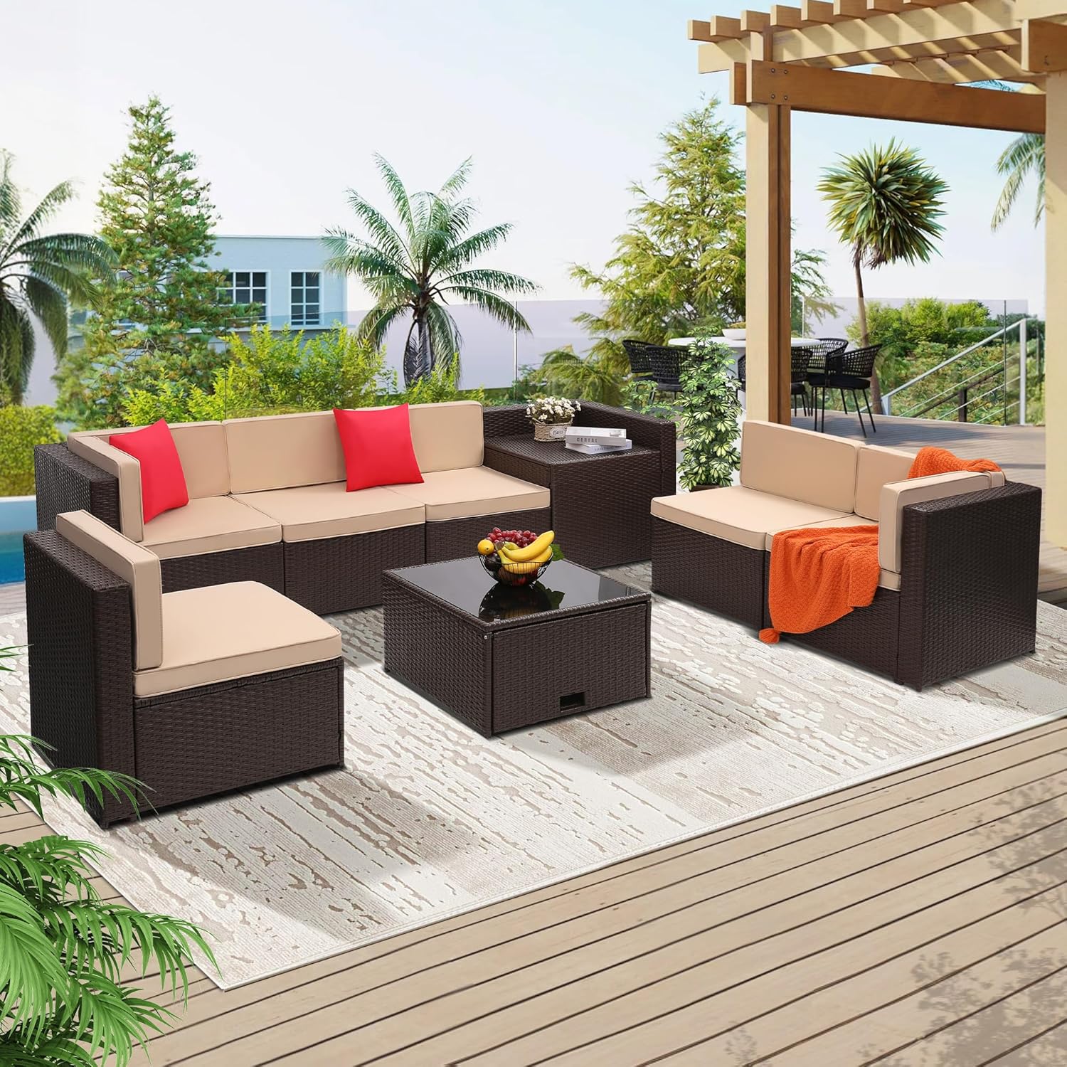8 Pieces Outdoor Wicker Rattan Patio Furniture Sectional Set, Glass Top Table with Hidden Storage, 7 Sofa Sections, Oversized Cushions, Natural Color Rattan with Black Cushion - Grand Goldman