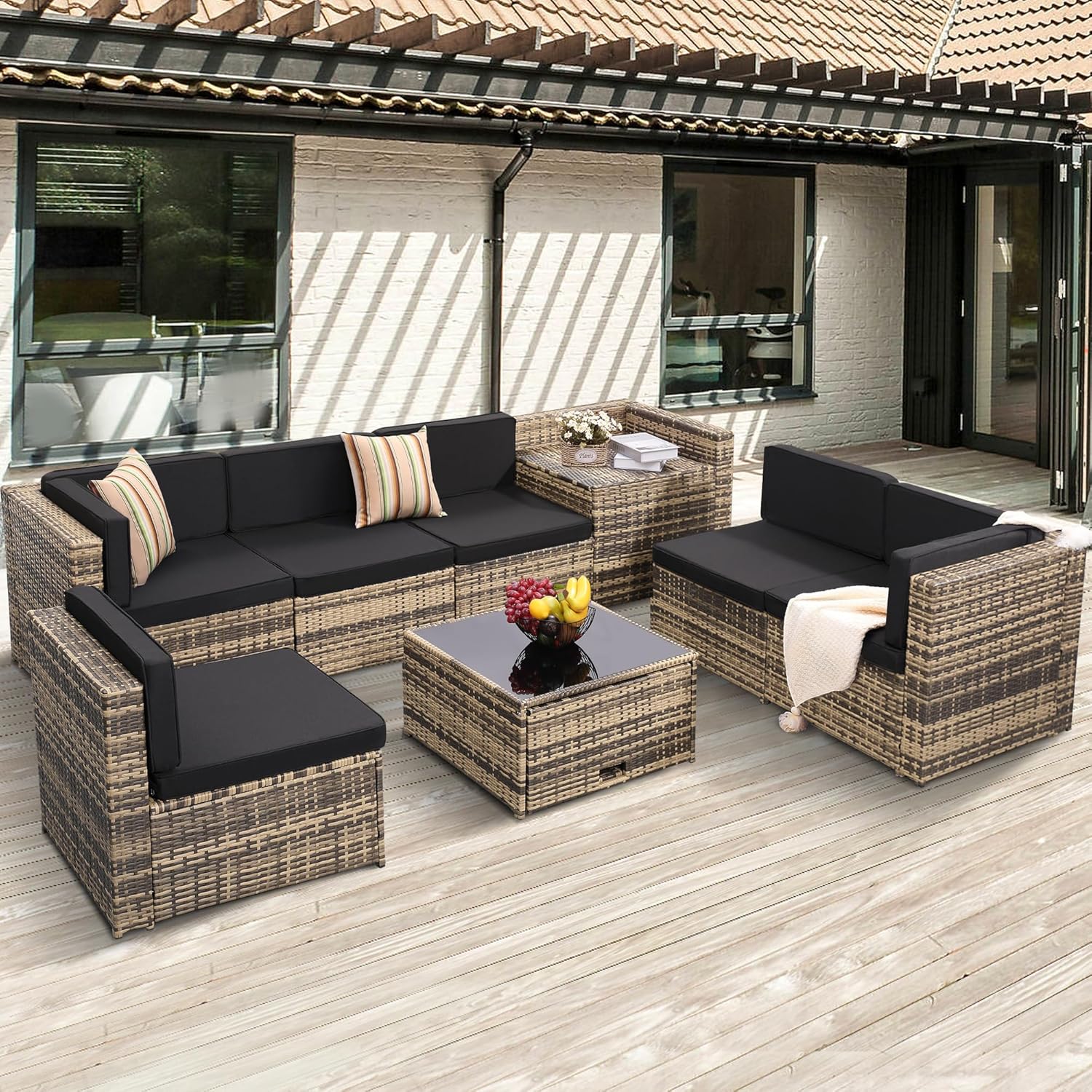 8 Pieces Outdoor Wicker Rattan Patio Furniture Sectional Set, Glass Top Table with Hidden Storage, 7 Sofa Sections, Oversized Cushions, Natural Color Rattan with Black Cushion - Grand Goldman