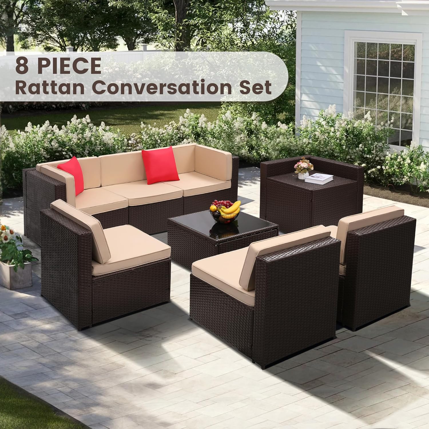8 Pieces Outdoor Wicker Rattan Patio Furniture Sectional Set, Glass Top Table with Hidden Storage, 7 Sofa Sections, Oversized Cushions, Natural Color Rattan with Black Cushion - Grand Goldman