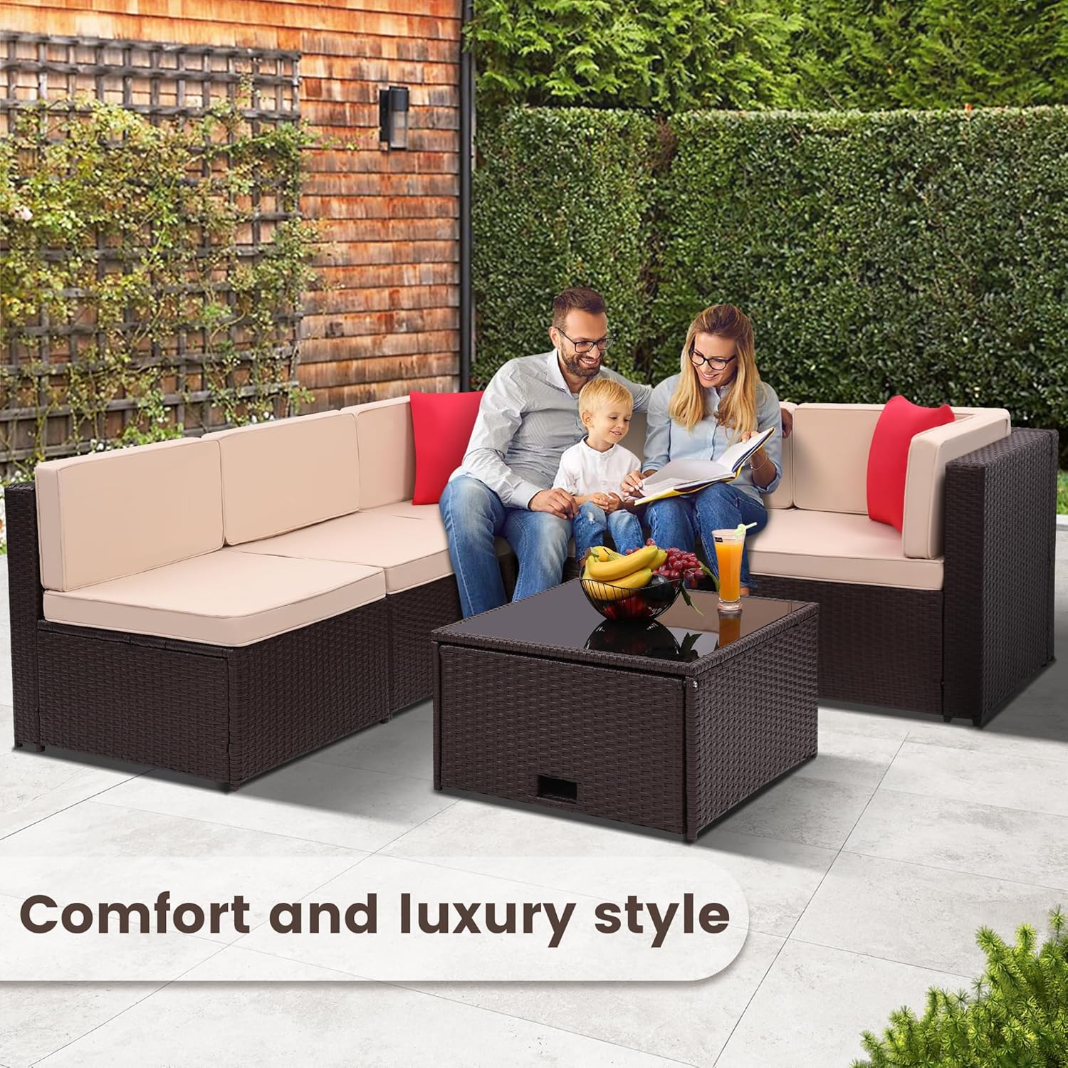 8 Pieces Outdoor Wicker Rattan Patio Furniture Sectional Set, Glass Top Table with Hidden Storage, 7 Sofa Sections, Oversized Cushions, Natural Color Rattan with Black Cushion - Grand Goldman
