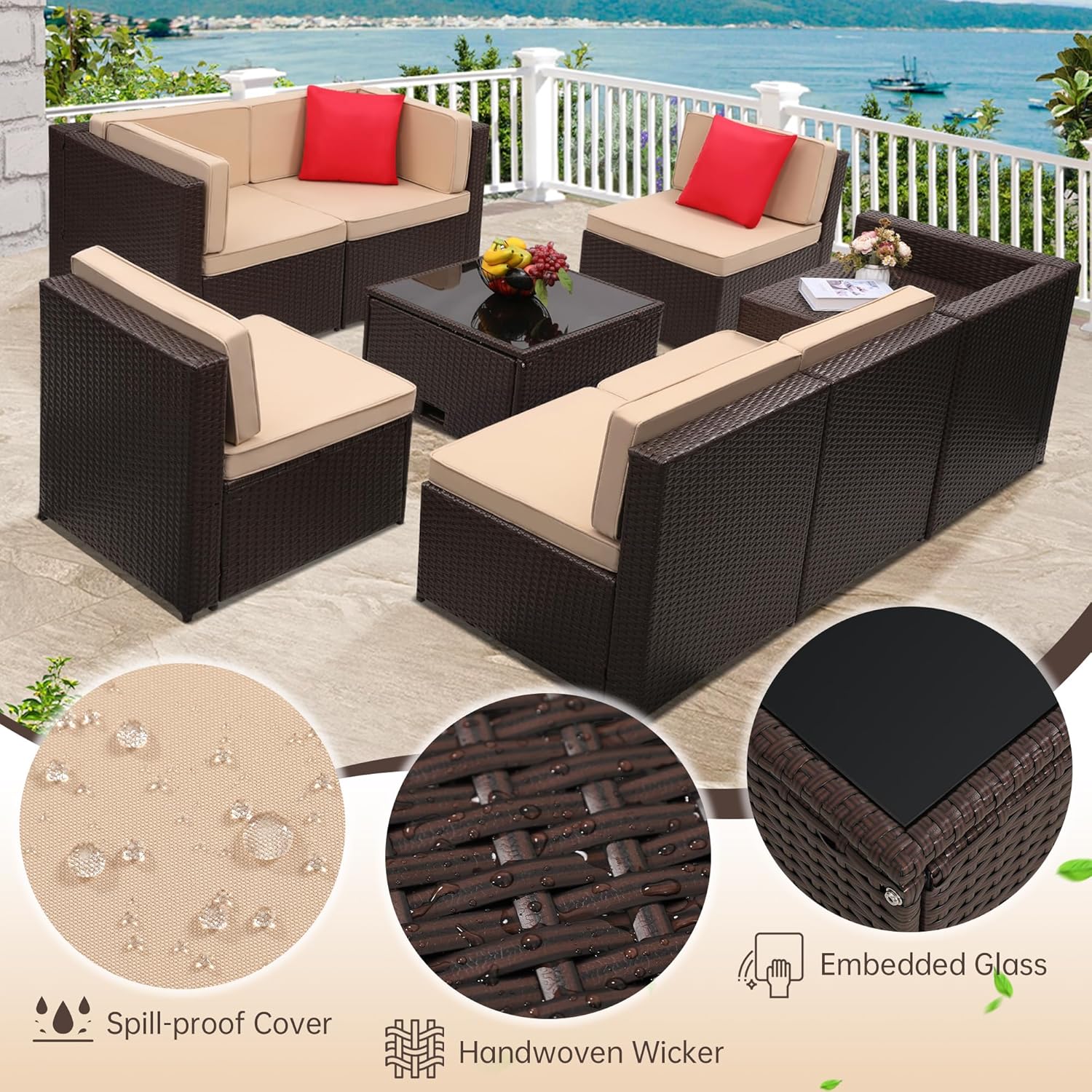 8 Pieces Outdoor Wicker Rattan Patio Furniture Sectional Set, Glass Top Table with Hidden Storage, 7 Sofa Sections, Oversized Cushions, Natural Color Rattan with Black Cushion - Grand Goldman