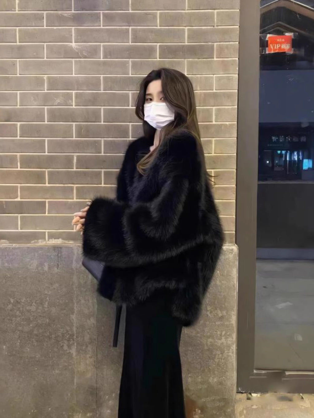 Black Faux Fox Fur Plush Green Fur Coat