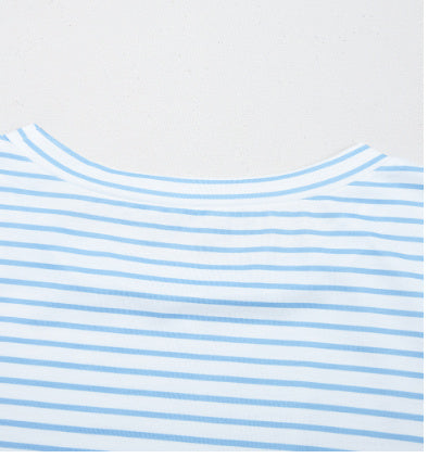 Sky Blue Stripe Floral Three Quarter Sleeves Patchwork Drop Shoulder Top