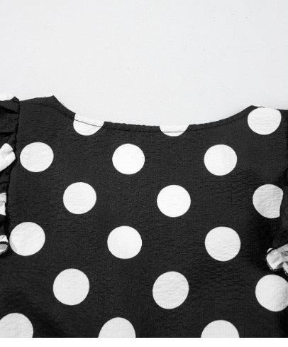 Black Polka Dot Print Ruffled Sleeve V Neck Blouse