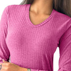 Strawberry  Ribbed Knit V Neck Long Sleeve Slim Fit Top