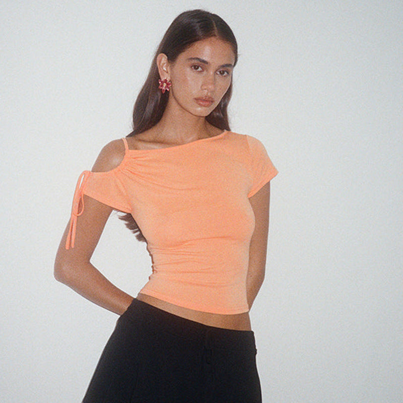 Irregular Strapless Lace-up Short Sleeve T-shirt Top