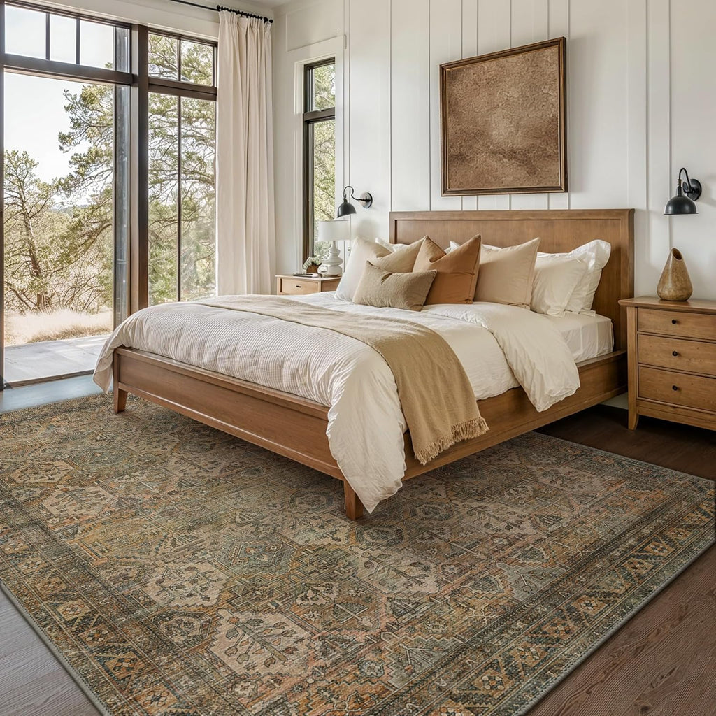 8x10 Area Rugs, Ultra-Thin Foldable Low Pile Machine Washable Rug, Lightweight Machine Washable Rugs for Living Room Bedroom, Sound Absorbing Vintage Sepia Rectangle Rug - Grand Goldman