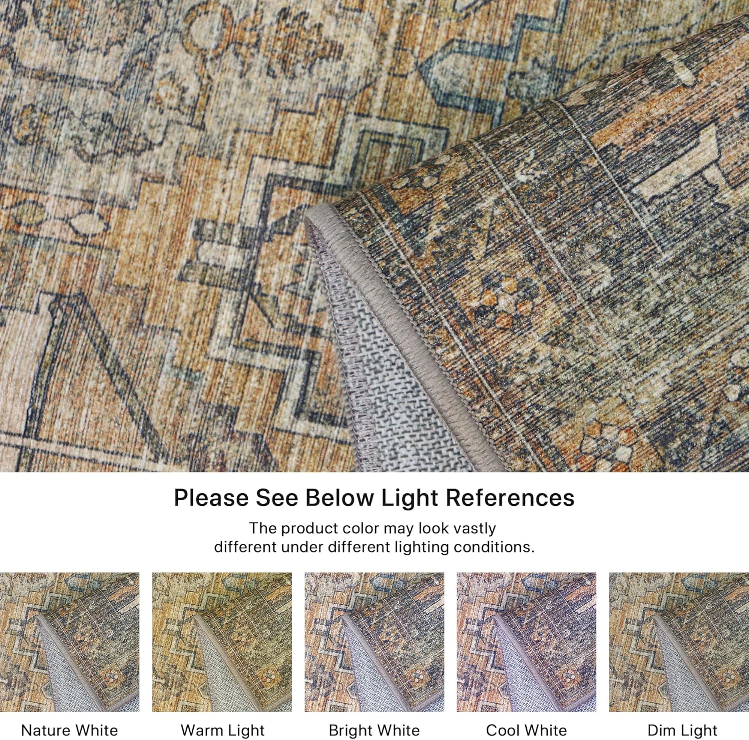 8x10 Area Rugs, Ultra-Thin Foldable Low Pile Machine Washable Rug, Lightweight Machine Washable Rugs for Living Room Bedroom, Sound Absorbing Vintage Sepia Rectangle Rug - Grand Goldman