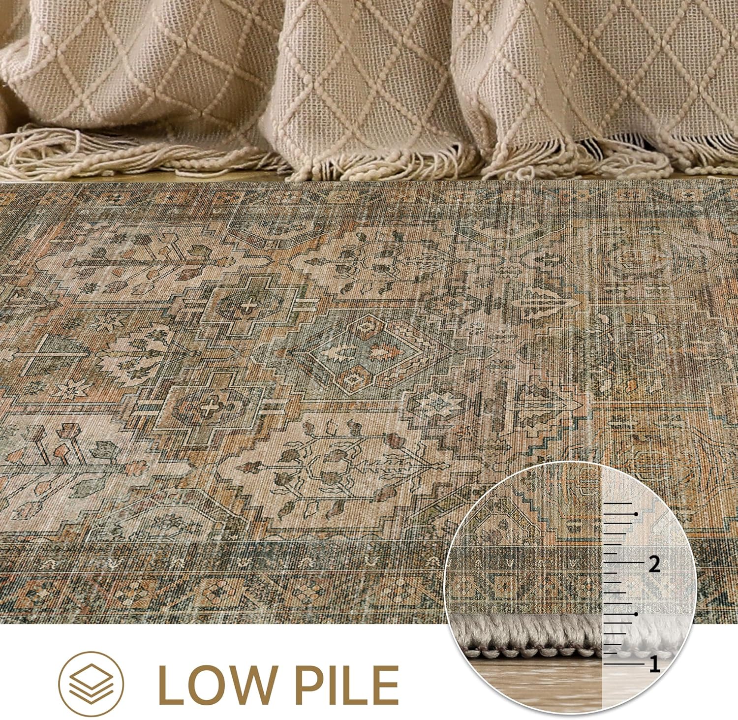 8x10 Area Rugs, Ultra-Thin Foldable Low Pile Machine Washable Rug, Lightweight Machine Washable Rugs for Living Room Bedroom, Sound Absorbing Vintage Sepia Rectangle Rug - Grand Goldman