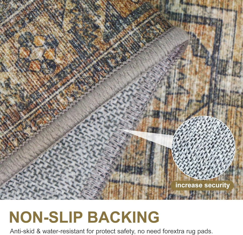 8x10 Area Rugs, Ultra-Thin Foldable Low Pile Machine Washable Rug, Lightweight Machine Washable Rugs for Living Room Bedroom, Sound Absorbing Vintage Sepia Rectangle Rug - Grand Goldman