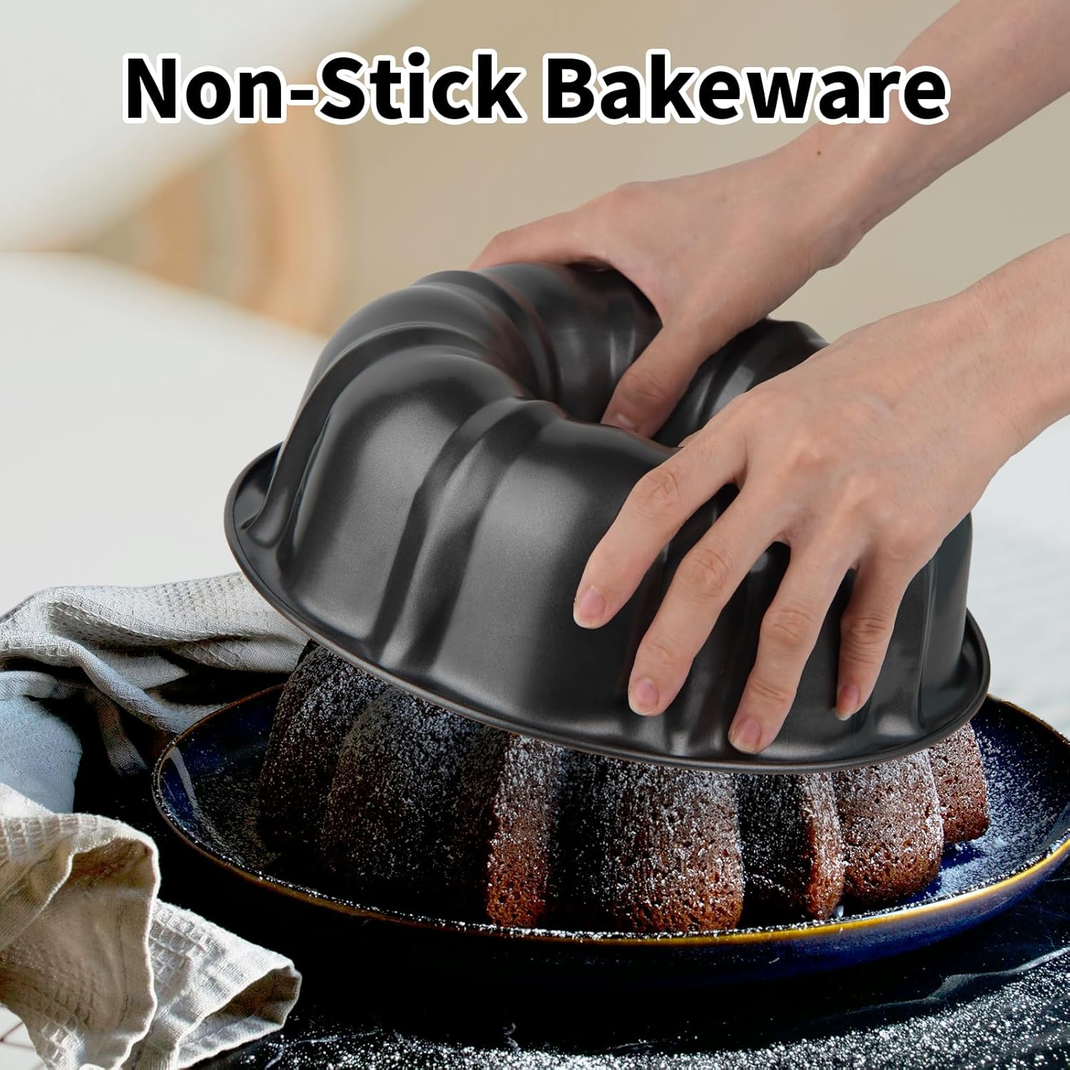 9.5’’ Non-stick Cake Pan, Heavy Duty Carbon Steel Fluted Tube Round Cake Baking Pan,Pound Cake Pan, Buntz Cake Pan, Tube Bakeware, Cake Mold, Baking Mold for Jello,Gelatin,Chocoflan,Flan - Grand Goldman