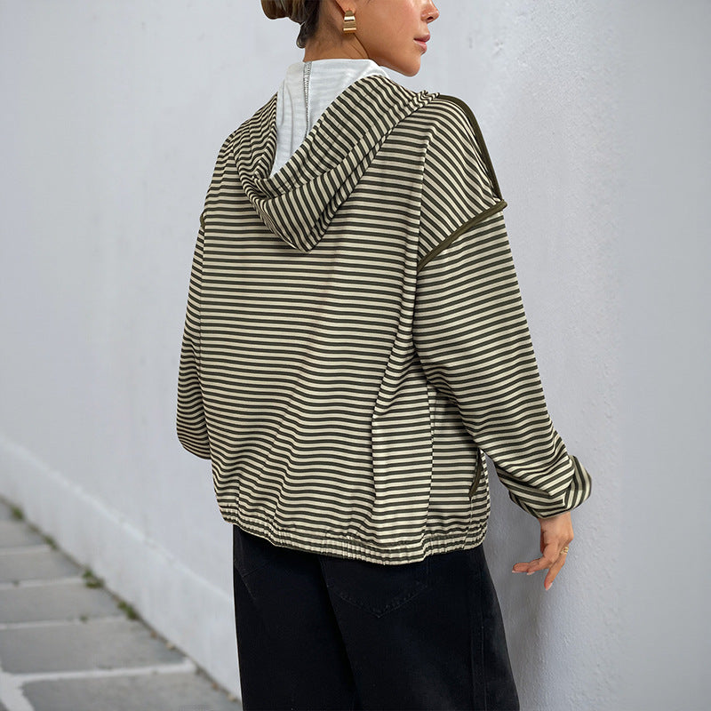 Idle Style Hooded Striped Women's Casual Jacket