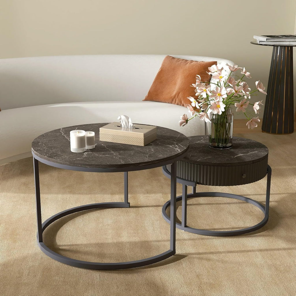 Round Nesting Coffee Tables Set: Gray Marble End Tables Set of 2 - Modern Metal Stacking Side Tables for Living Room Small Spaces