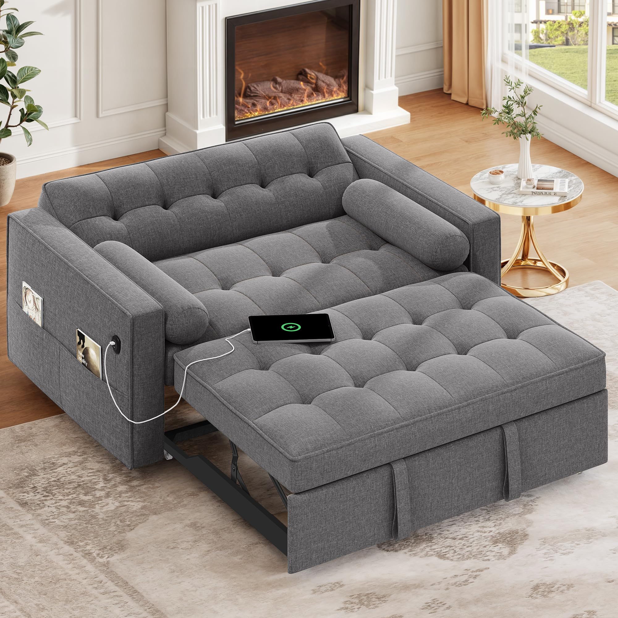 DWVO Convertible Sleeper Sofa Bed: 3-in-1 Loveseat Couch with Pullout Bed, 7-Level Adjustable Backrest, USB Ports, Storage Pockets, Pillows, Modern Lounge Furniture Light Gray