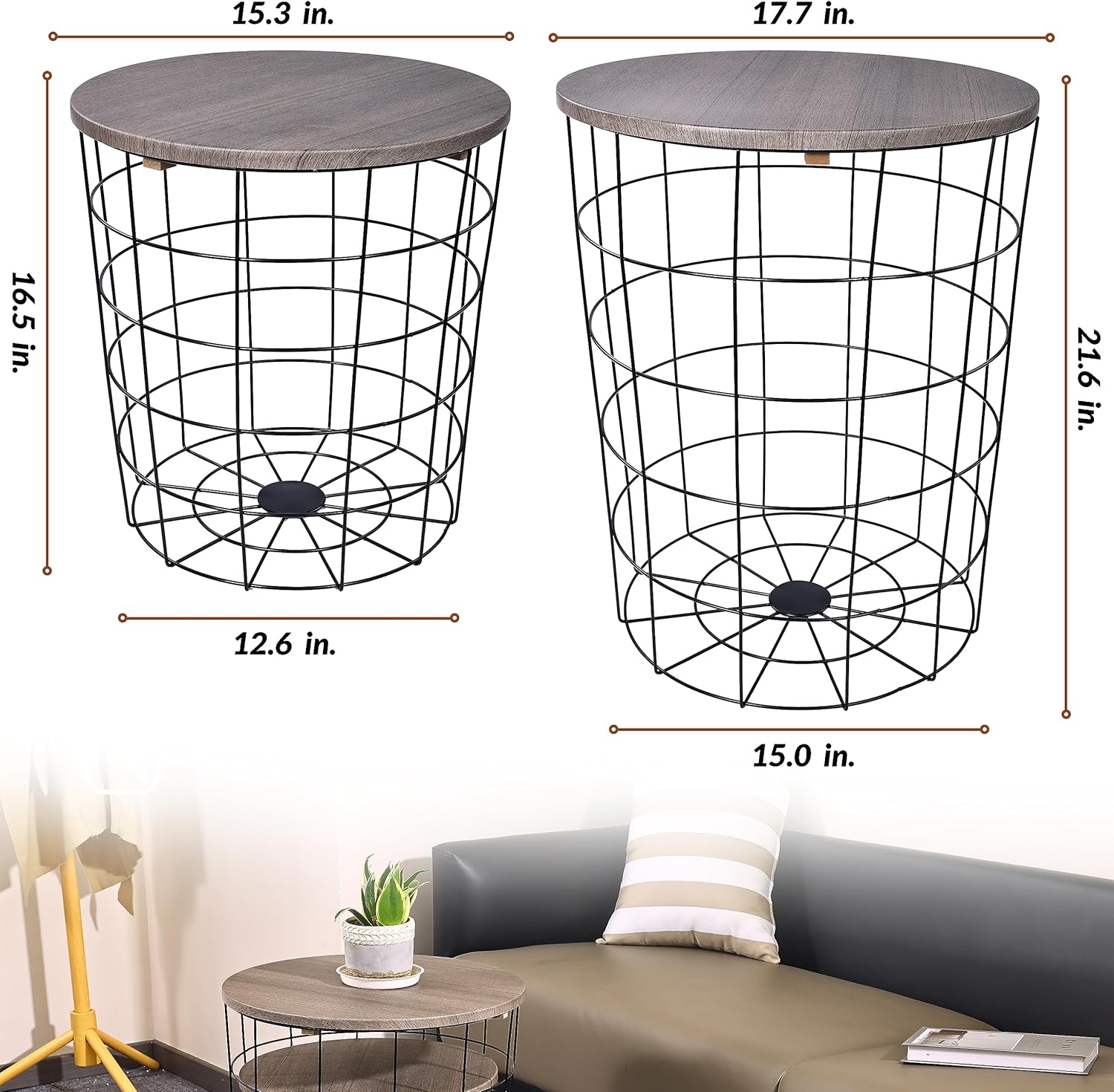 Nesting Table End Table Wire Basket Base with Wood Tops Side Table Set of 2, Gray