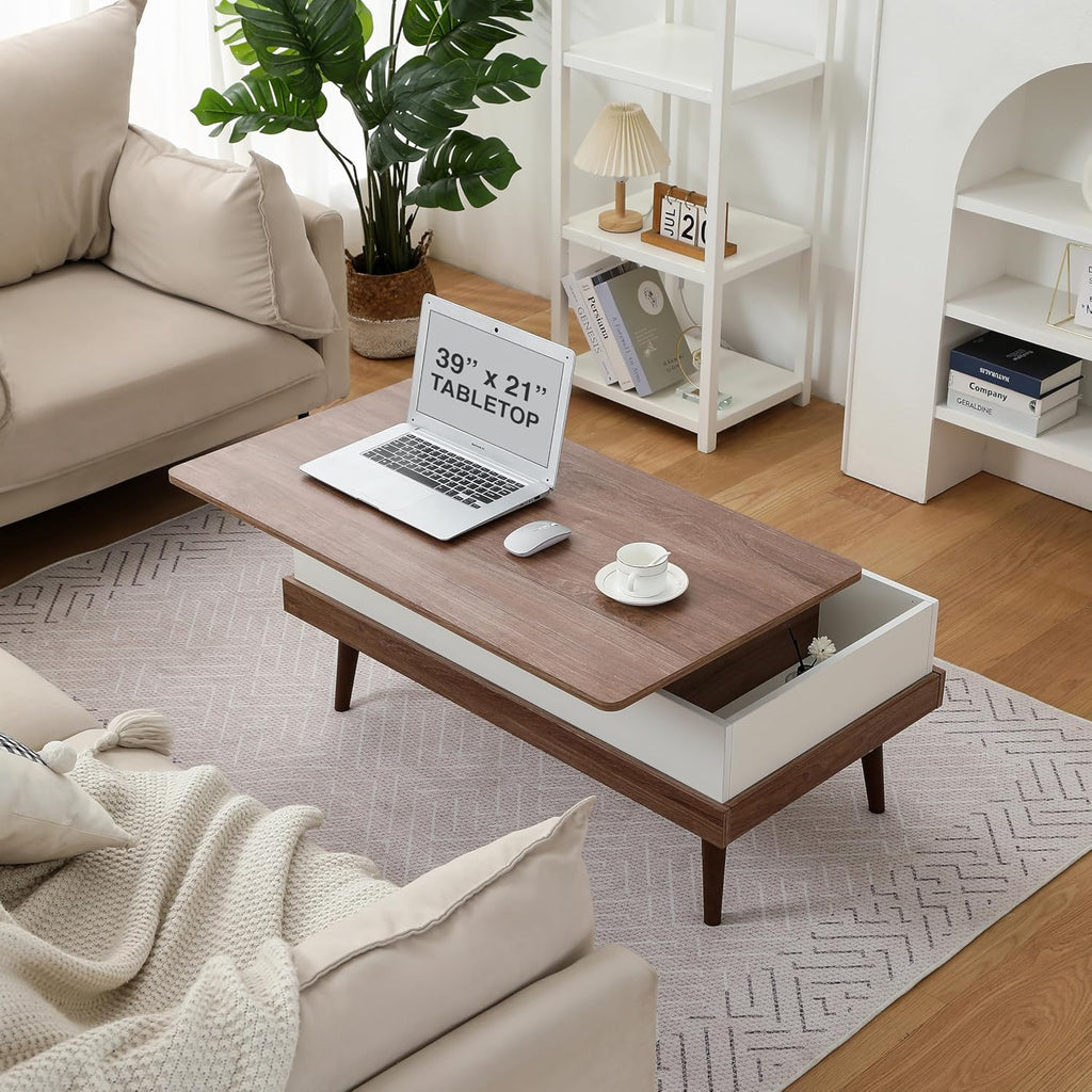 Houseables Lift Up Coffee Table, Pull Up Coffee Table, Lift Top Desk, Pull Out Tabletop, Rising, Modern Living Room Desk with Storage, to Eat, Fold Out, Adjustable, Raising, Liftup, White, Brown Wood