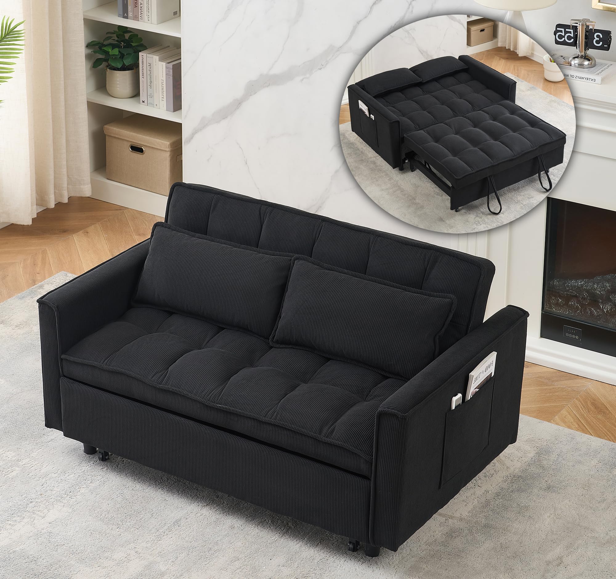 3 in 1 Convertible Sleeper Sofa Bed, Futon Couches for Living Room with Side Pocket | Adjustable Backrest| Velvet Fabric | Pull Out Couch | Recliner Loveseat | Sectional Sofa, Dark Gery