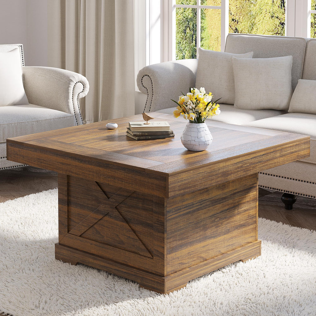 Coffee Table 31.5 in Rustic Center Table with X Design Wooden Pedestal for Living Room, Dark Oak Square Home Office Sofa Side Table for Small Space, Easy Assembly, Space-Saving