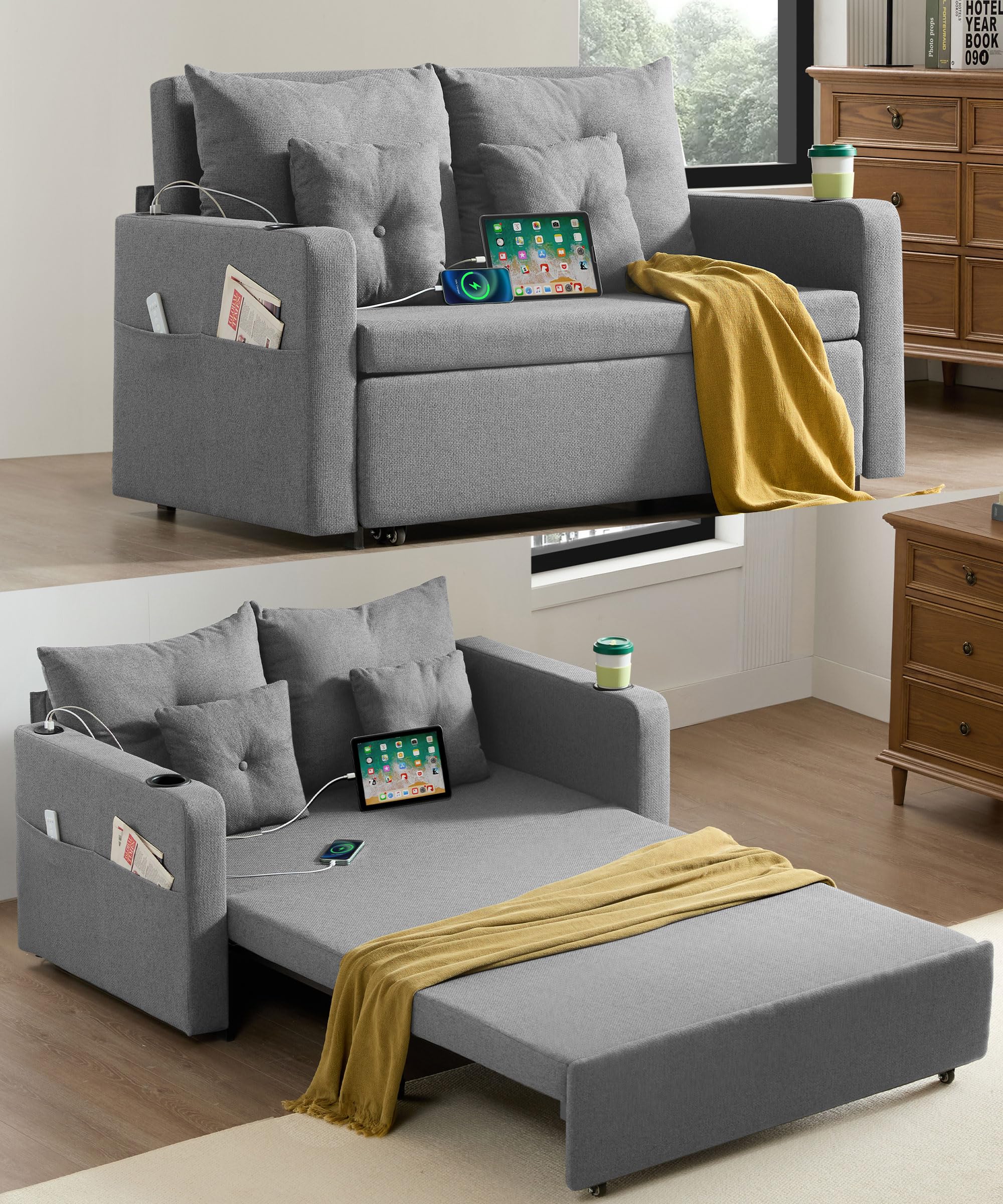 3 in 1 Sofa Bed, 56 Inch Convertible Pull Out Couch, Loveseat Sleeper Sofa with Cup Holders, USB, Sofa Couches for Living Room, Bedroom, Apartment, Dark Grey