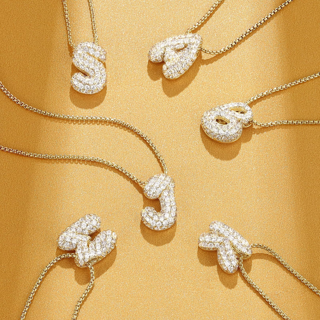 Collier Lettre Bulles KissYan, Pendentif Initiale Ballon Plaqué Or 14K, Collier Chaîne Boîte, Bijoux Délicats Pavé CZ, Cadeau pour Femmes (15mm A)