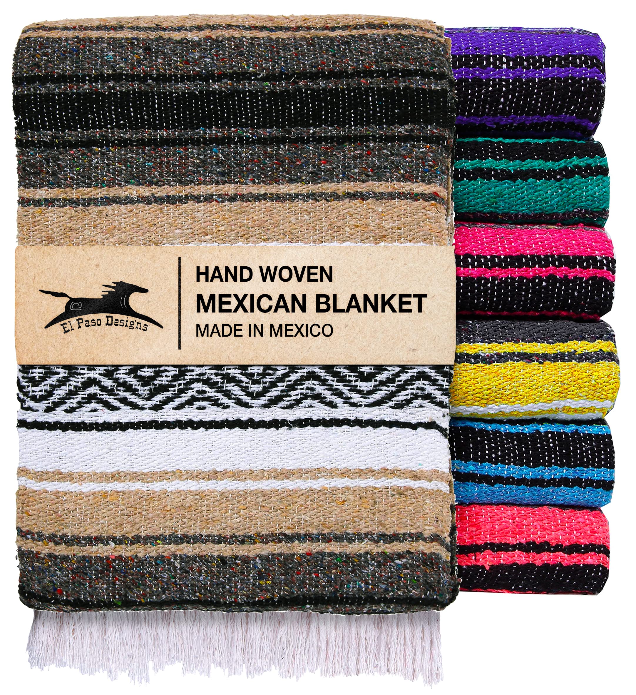 El Paso Designs Mexikanische Yoga-Decke | Bunte Falsa Serape | Park, Yoga, Picknick, Strand, Terrasse, Weiche gewebte Satteldecke, Boho Wohnkultur (Beige)