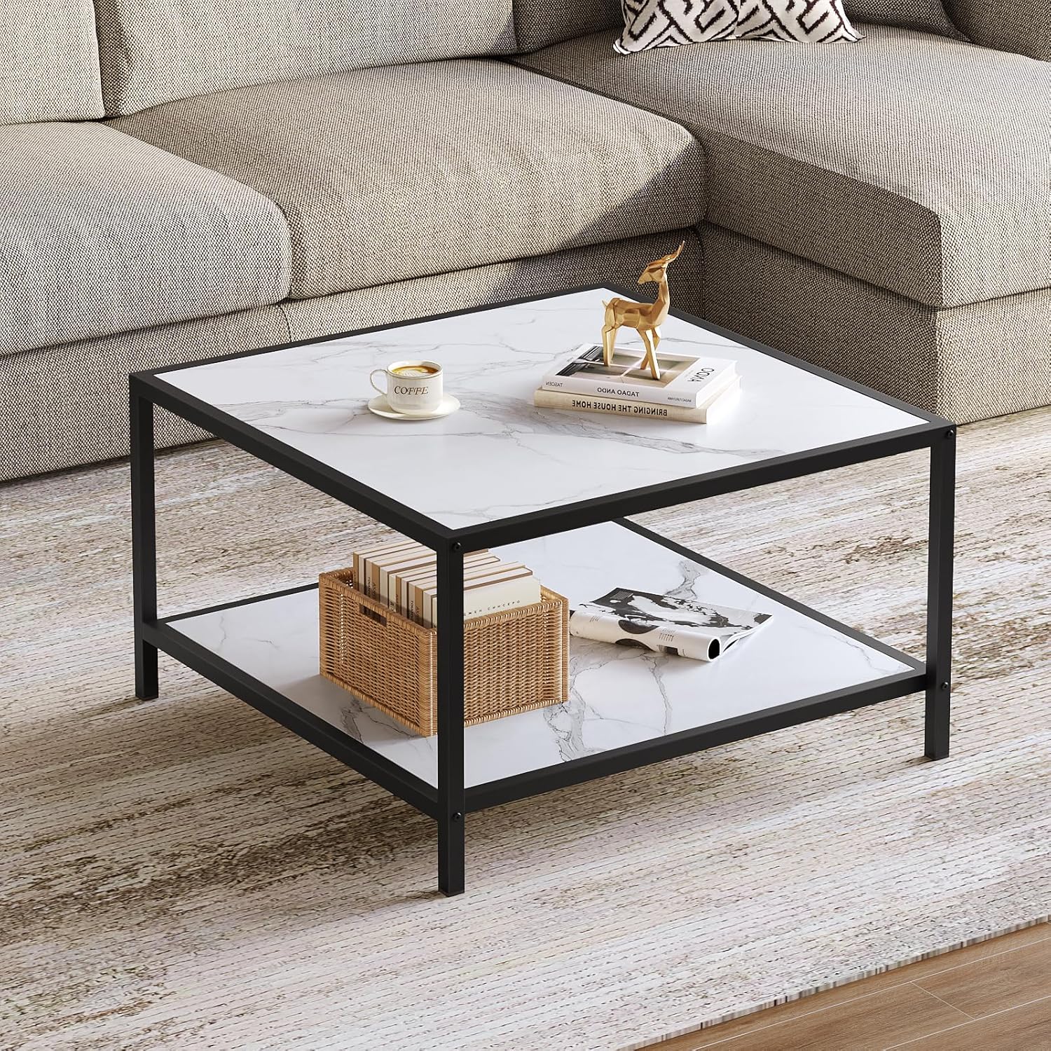 SAYGOER White Coffee Table with Storage 2 Tier Modern Suqare Coffee Tables for Living Room Small Faux Marble Center Table for Office Apartment Home, Easy Assembly