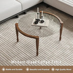 31.5" Round Glass Mid Century Modern Coffee Table with Wood Legs-Circle Tempered Glass Top Center Table, Unique Contemporary Center Table for Small Space