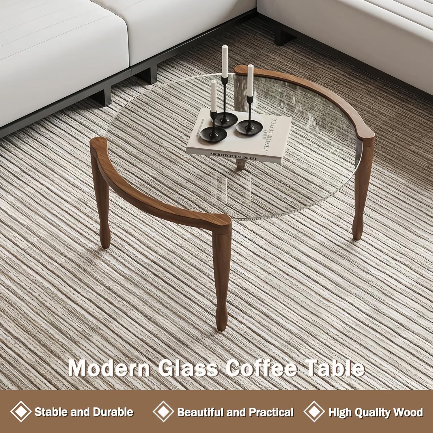 31.5" Round Glass Mid Century Modern Coffee Table with Wood Legs-Circle Tempered Glass Top Center Table, Unique Contemporary Center Table for Small Space