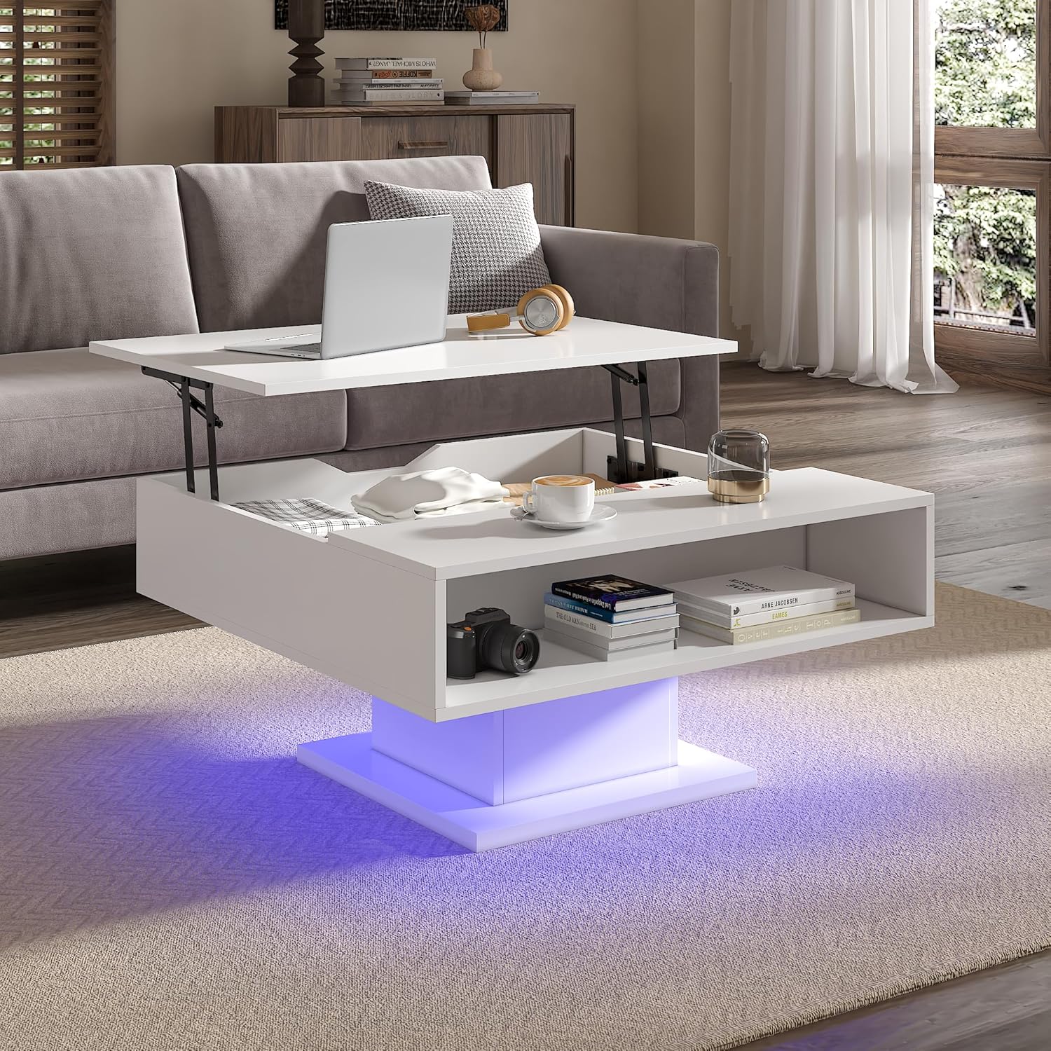 Square Lift Top Coffee Table with Storage, White Led Coffee Table for Living Room with Large Hidden Storage, 30.7" Wood Table Led Center Table for Dining Reception Room