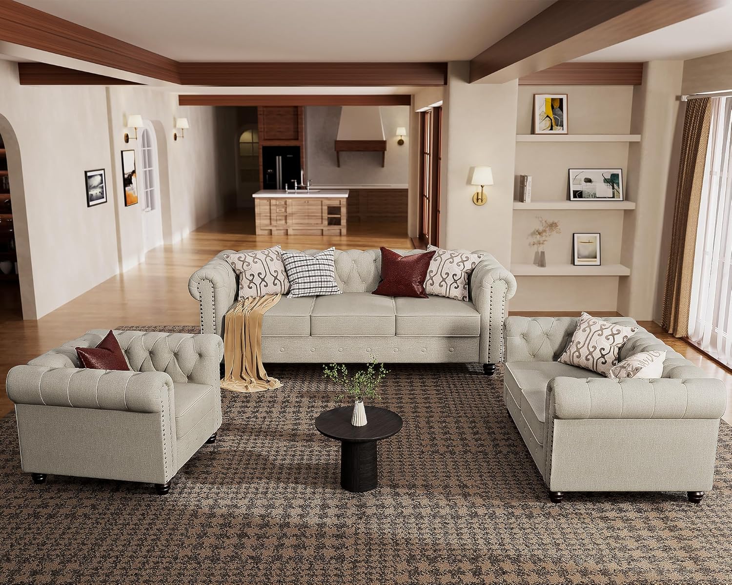 Morden Fort Classic Chesterfield Sofa Set 82'', Tufted Sofa Couch Set with Solid Wood Legs Thick Cushion, Pet-Friendly 3-Seater Sofas Couches for Living Room Bedroom Apartment - Linen Beige