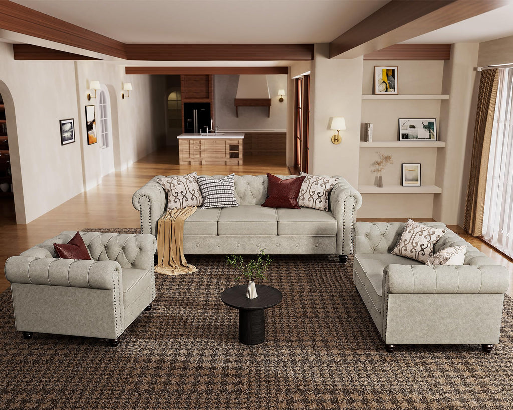 Morden Fort 2 Piece Classic Chesterfield 5-Seater Set, Tufted Loveseat & Sofa Furniture Solid Wood Legs Thick Cushion, Pet-Friendly Couch Set for Living Room Bedroom Apartment, Linen Beige